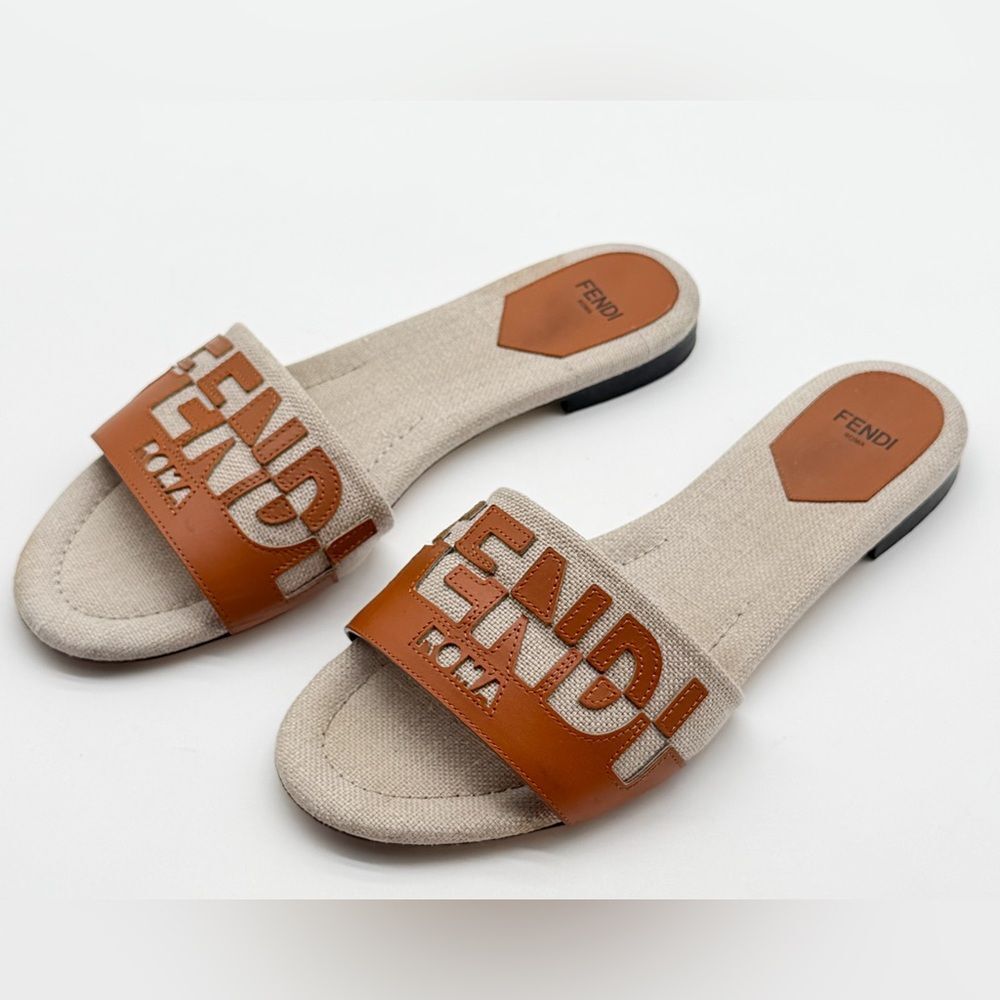 Fendi Vitello Canvas Signature Logo Flat Slide Sandals Cuoio & Grezzo EU 38.5